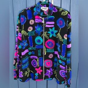 Vintage Floral Abstract Zip Up Fashion Jacket Top Large Y2K Bold Art To Wear
